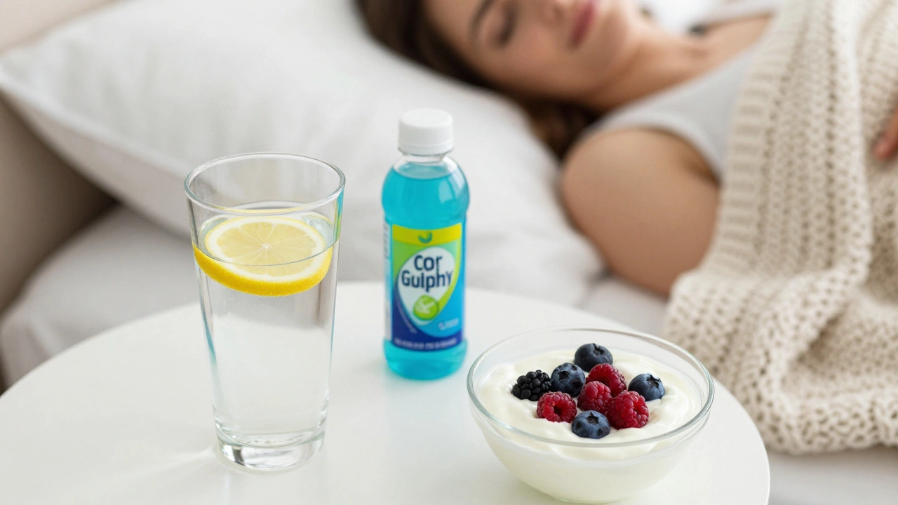 A bedside table with water, electrolytes, and high-protein food for recovery after an IVF procedure.