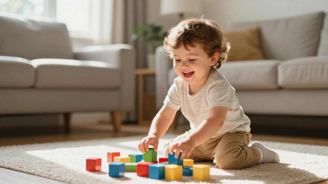 A healthy toddler playing happily with colorful blocks in a sunlit room