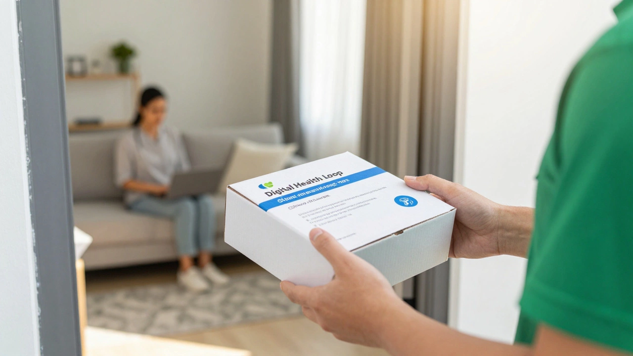 A person receiving a home delivery of medication ordered through a telehealth service