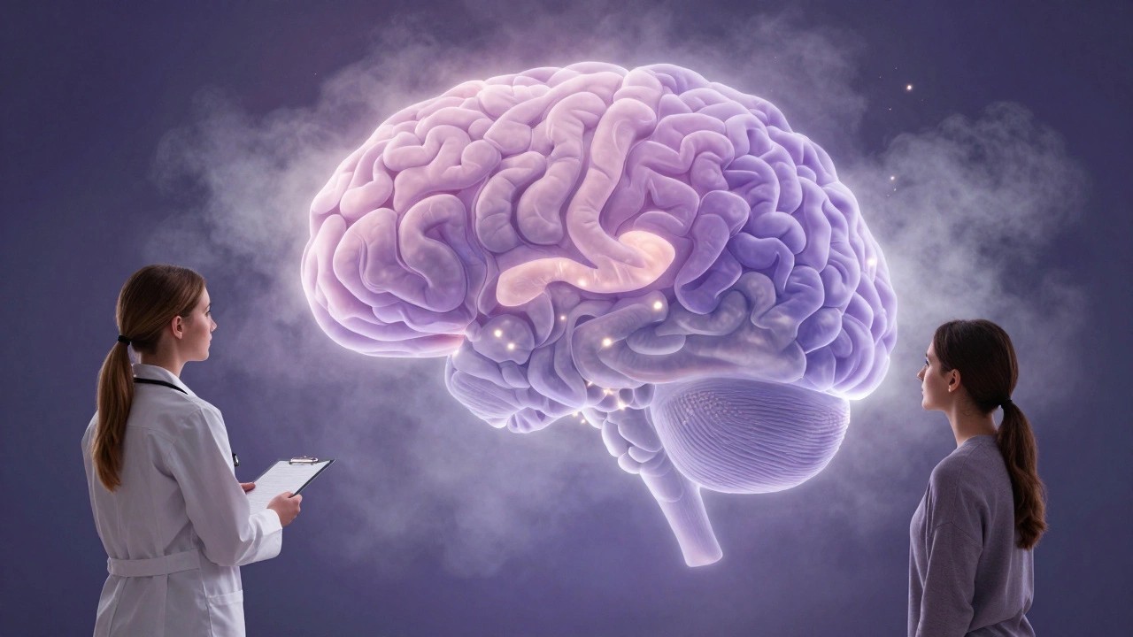 A therapist and client examining a translucent map of a mind with foggy areas representing hidden secrets.