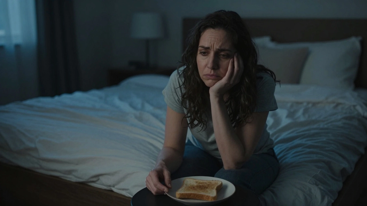 A woman sitting on a bed looking exhausted and overwhelmed, depicting the emotional side effects of IVF.