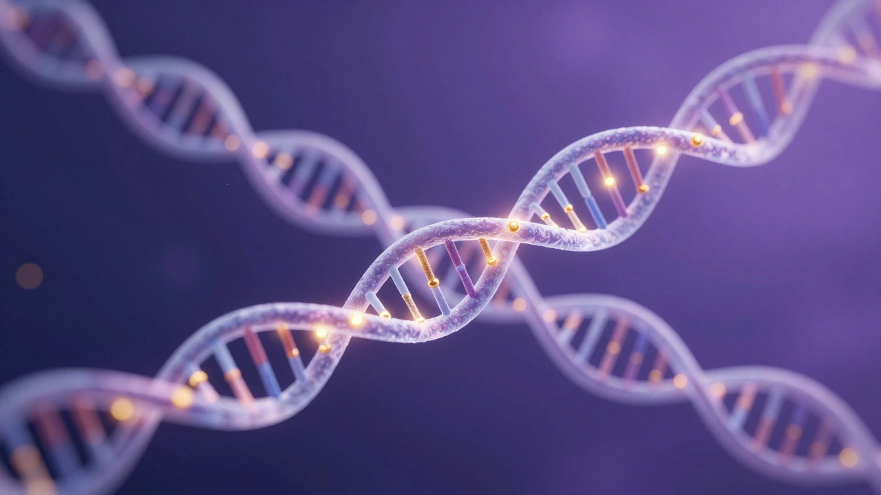 Abstract representation of DNA strands with glowing markers for genetic screening