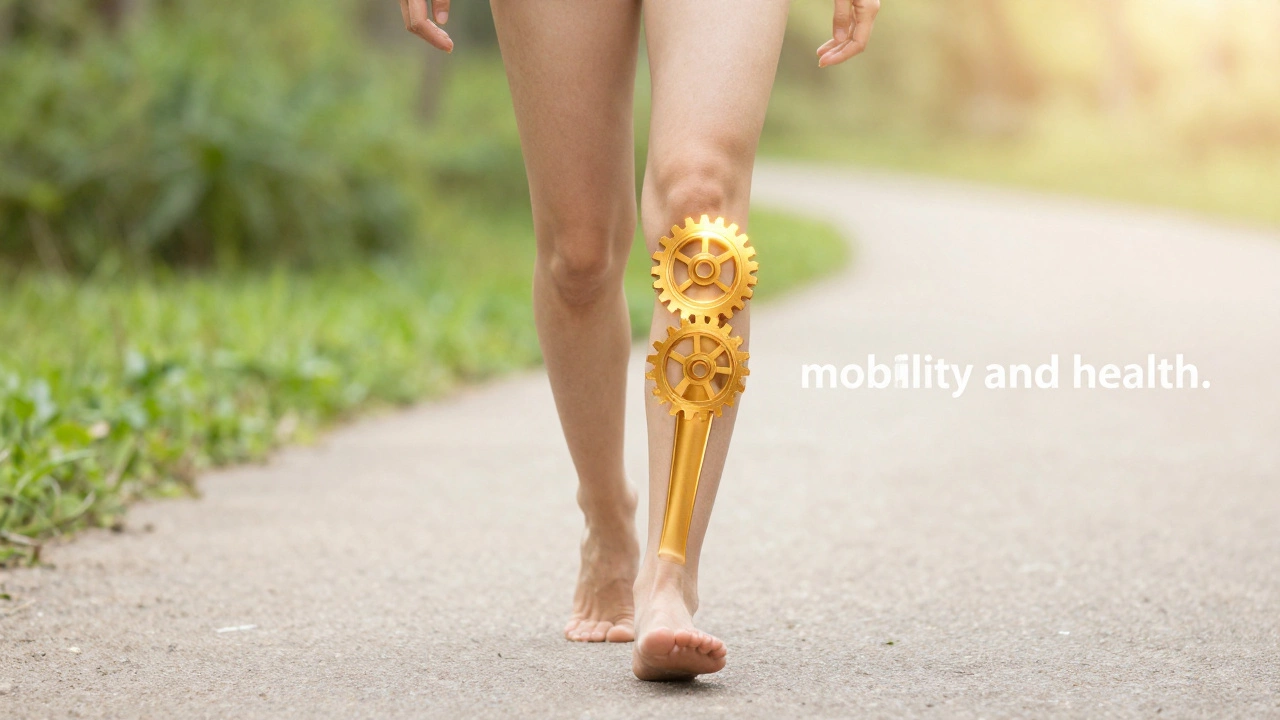 Artistic depiction of legs walking with glowing golden gears at the knees symbolizing regained mobility