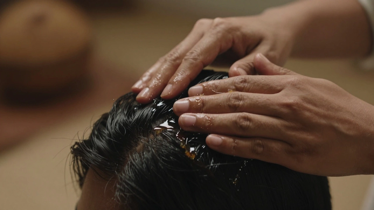 Close-up of a traditional Indian head massage with warm coconut oil being applied to the scalp.