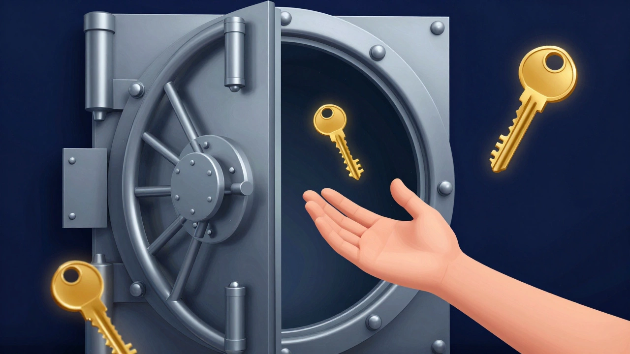 Conceptual art of a secure vault door slightly open with golden keys, symbolizing therapy confidentiality rules.