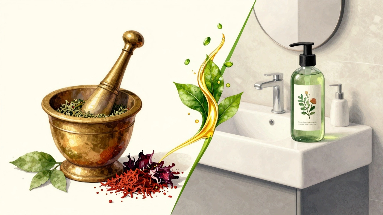 Conceptual art showing the transition from traditional Ayurvedic herb grinding to modern hair care.