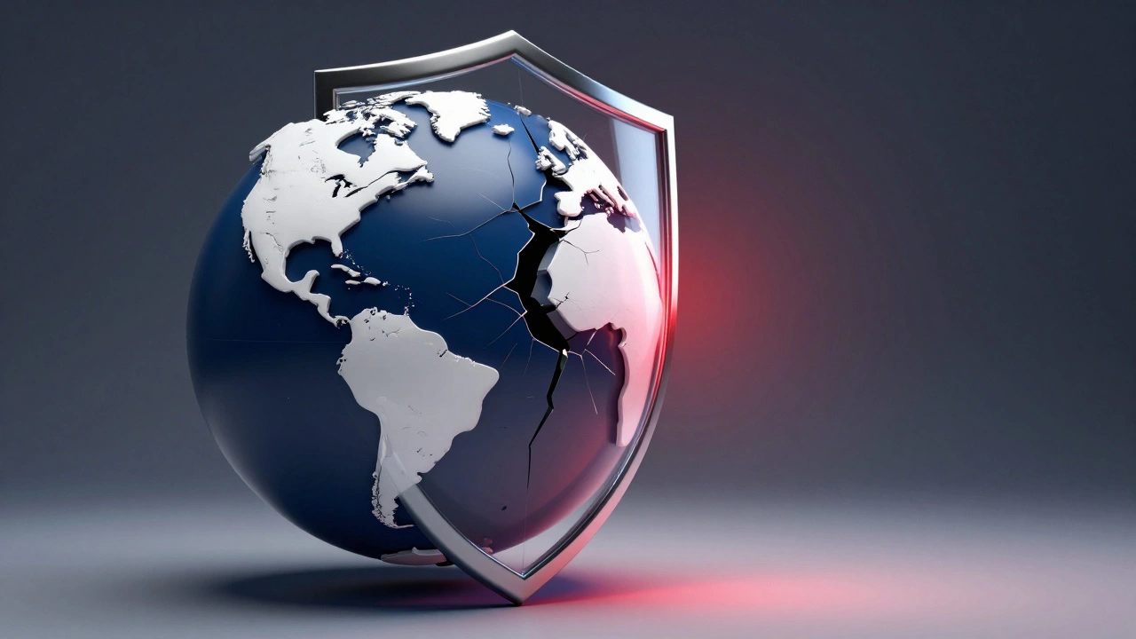 Conceptual image of a cracked shield over a globe representing insurance gaps.