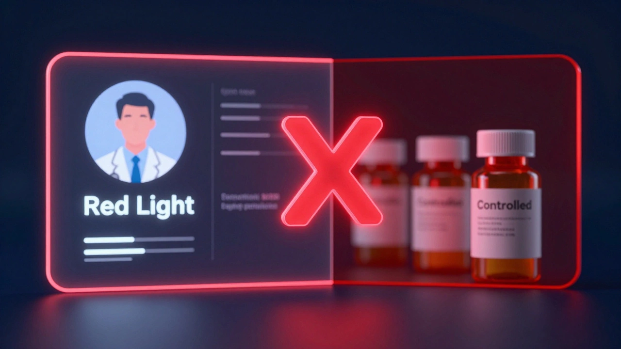 Conceptual image of a red barrier separating a virtual doctor from restricted medications