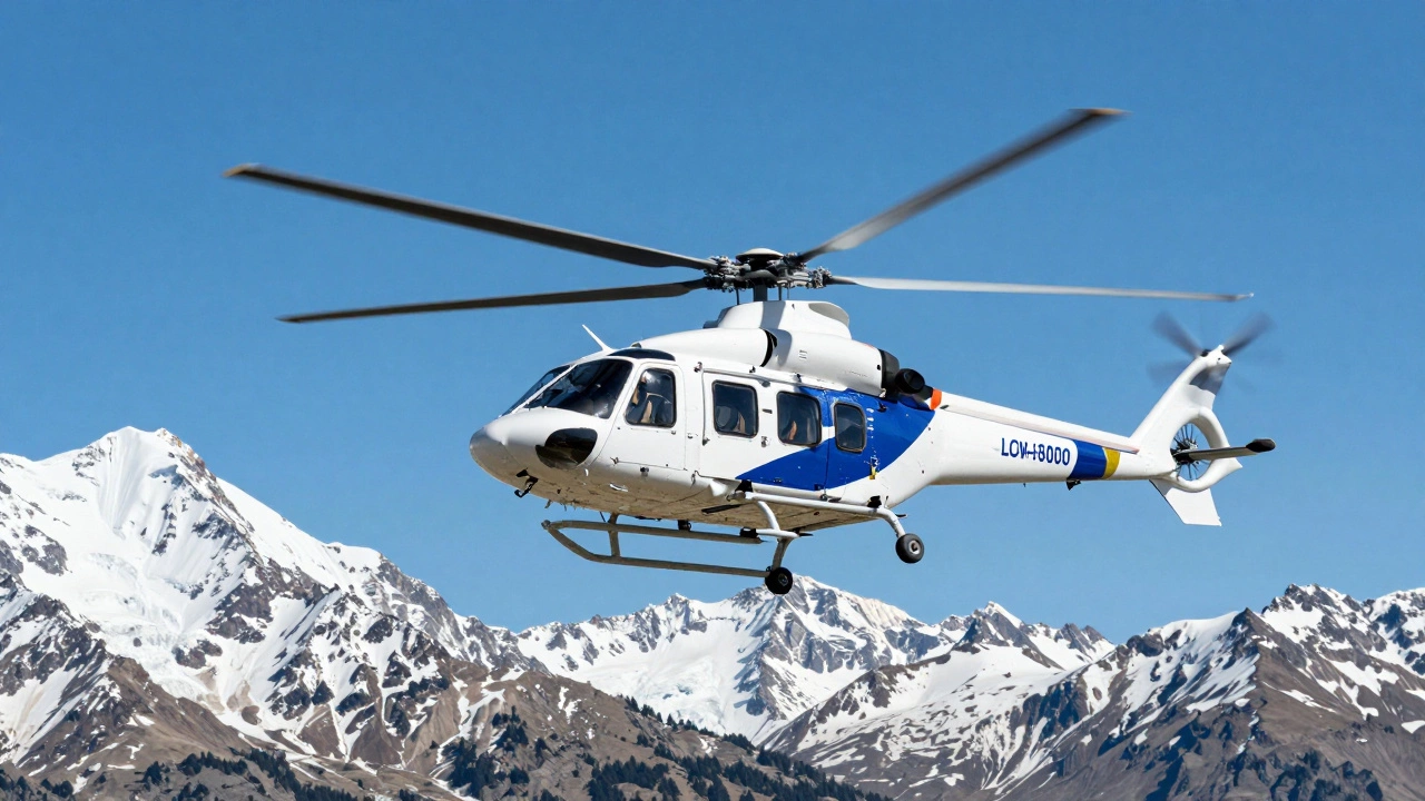 Medical evacuation helicopter flying over remote snowy mountains.