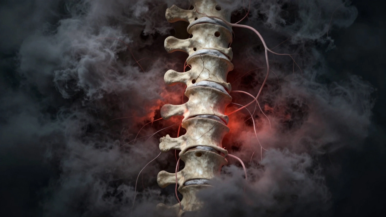 Artistic depiction of bone metastasis weakening vertebrae