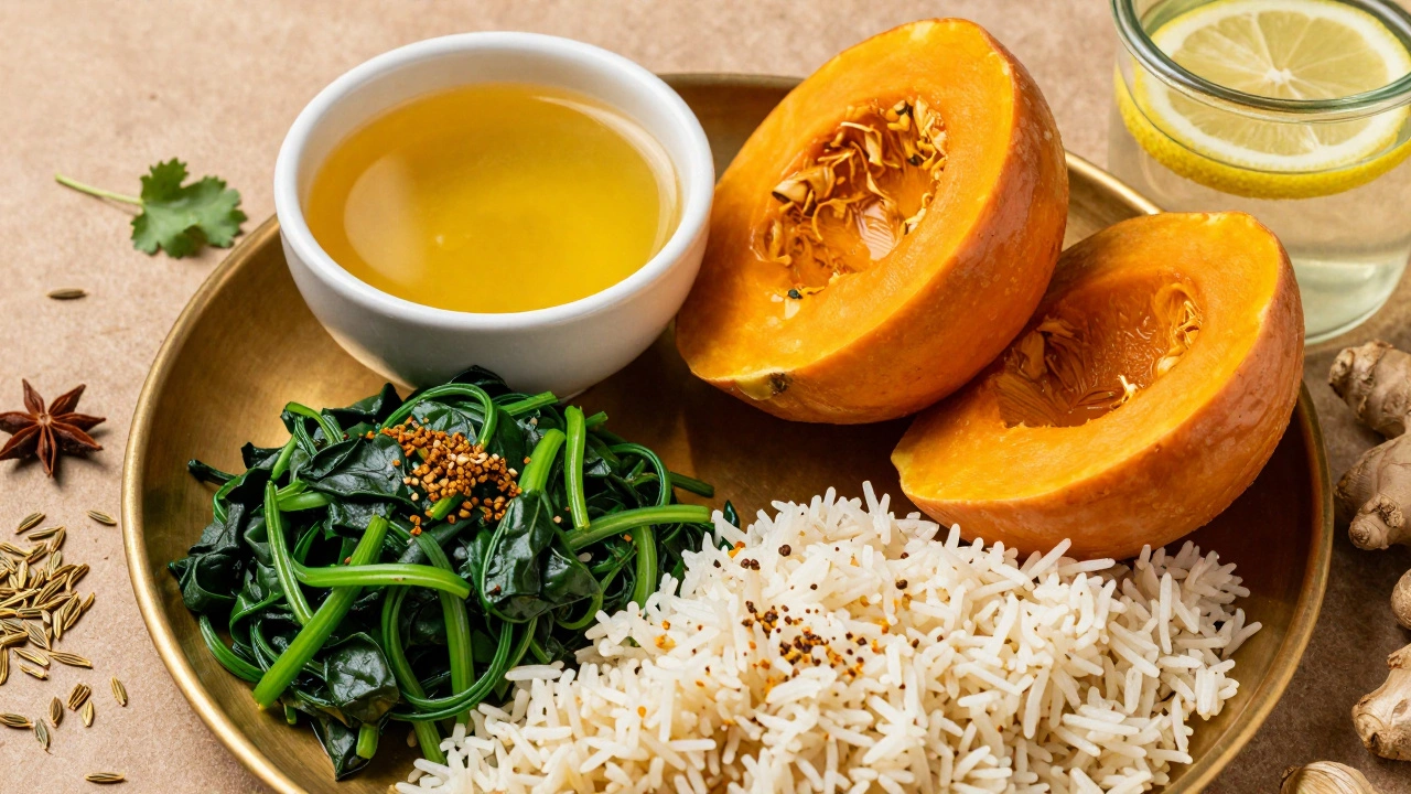 Ayurvedic nutritious meal with ghee and cooked vegetables