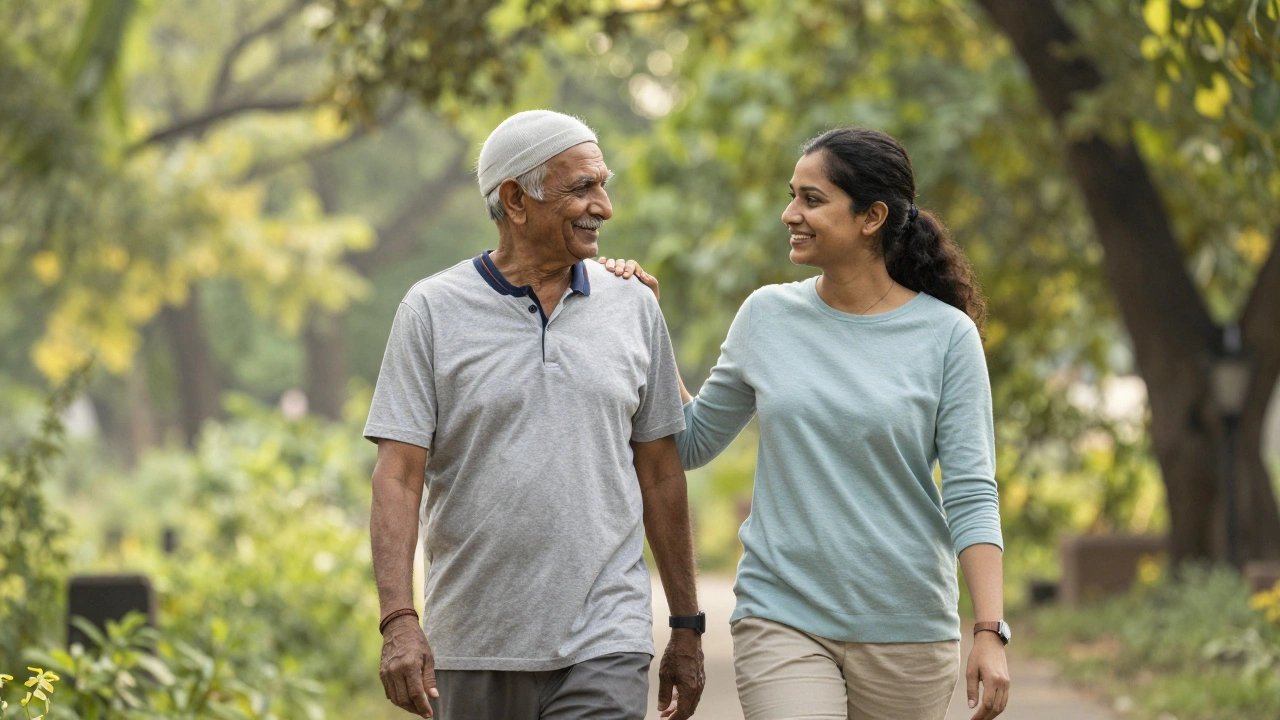 Cancer survivor walking outdoors with a supportive friend