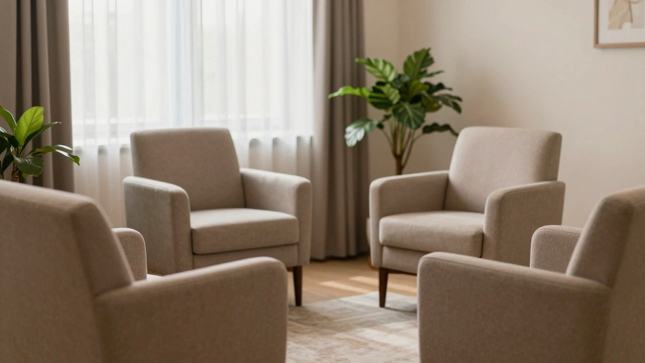 Cozy, inviting therapy room with natural light