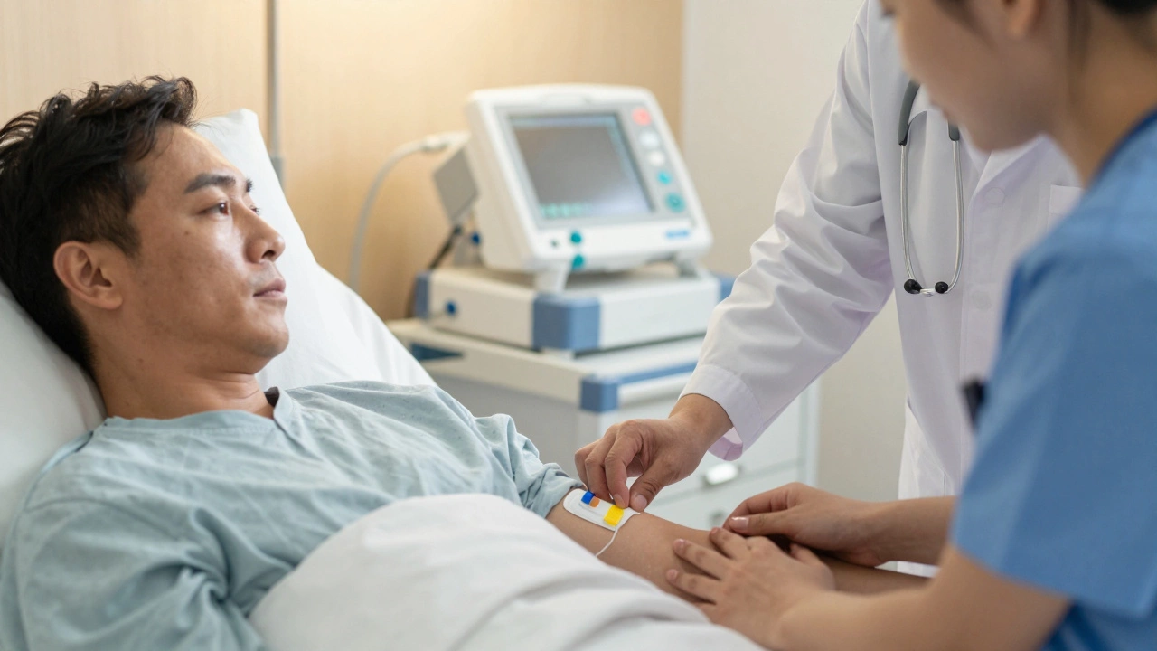 Doctor applying pain relief patch to patient in hospital