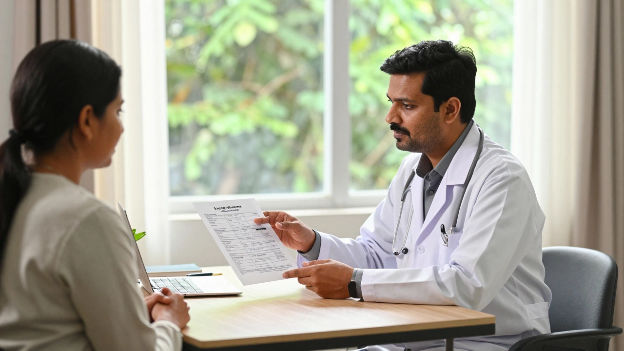Doctor explaining health reports to a patient in a bright, welcoming consultation room.