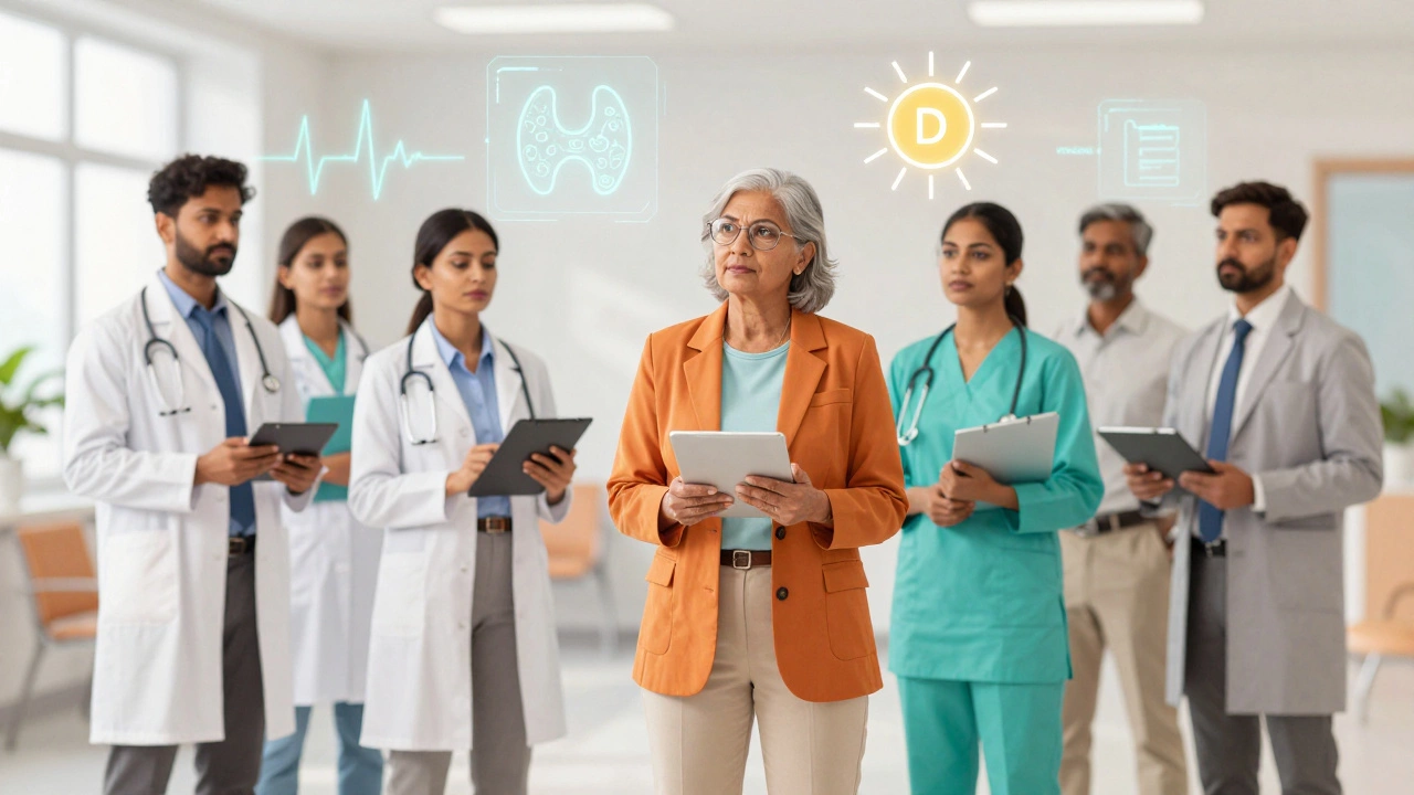 Illustration of Indian patients with holographic health icons, showing personalized care.