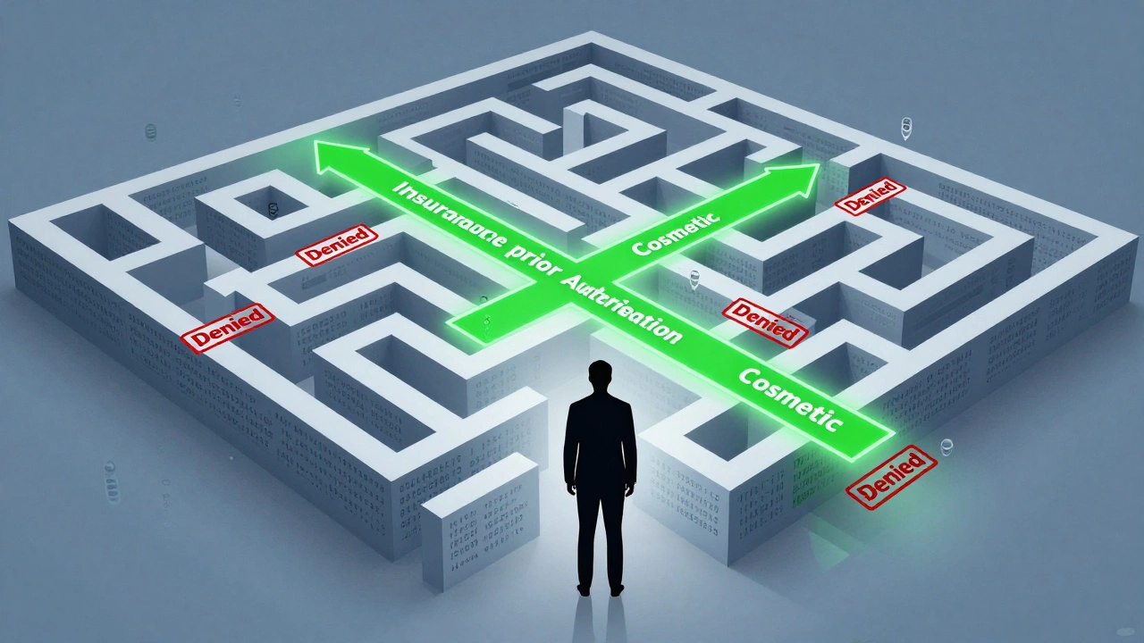 Illustration of patient navigating complex insurance approval maze