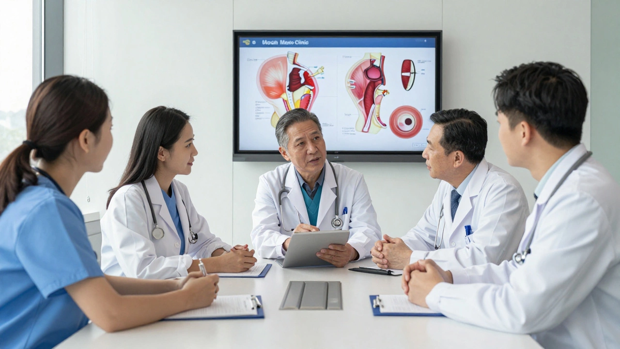 Medical specialists collaborating in a team meeting to discuss a case