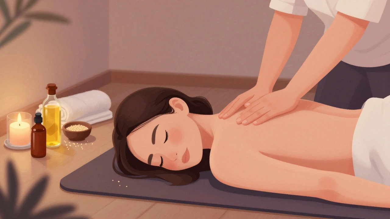 Woman relaxing for self-care with sesame oil bottles
