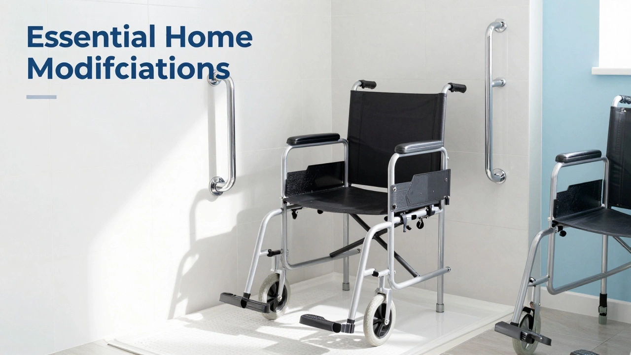 Accessible bathroom with shower chair and grab bars for safe recovery