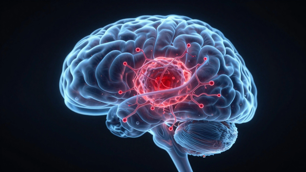 Brain scan visualization with glioblastoma blocked by blood-brain barrier