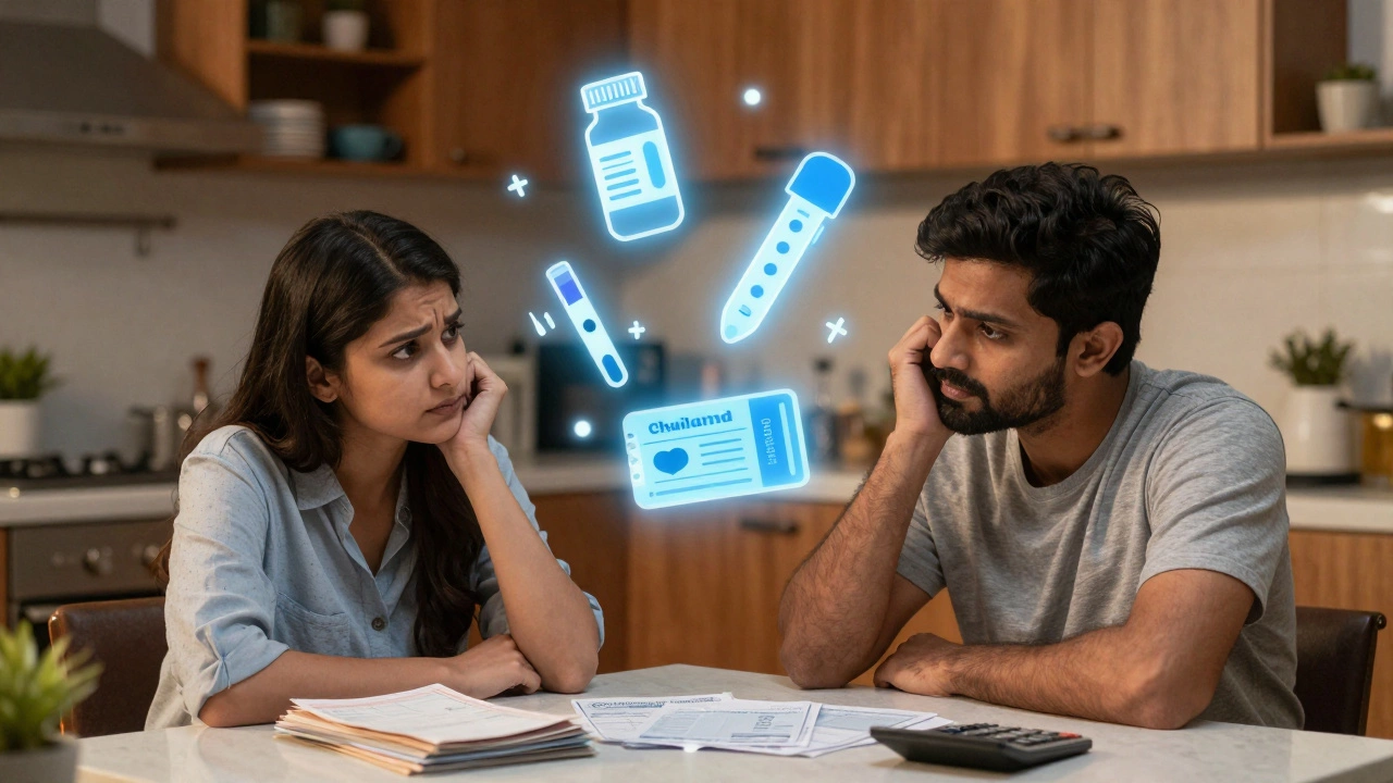 Couple reviewing IVF bills and cost icons in a warm home setting