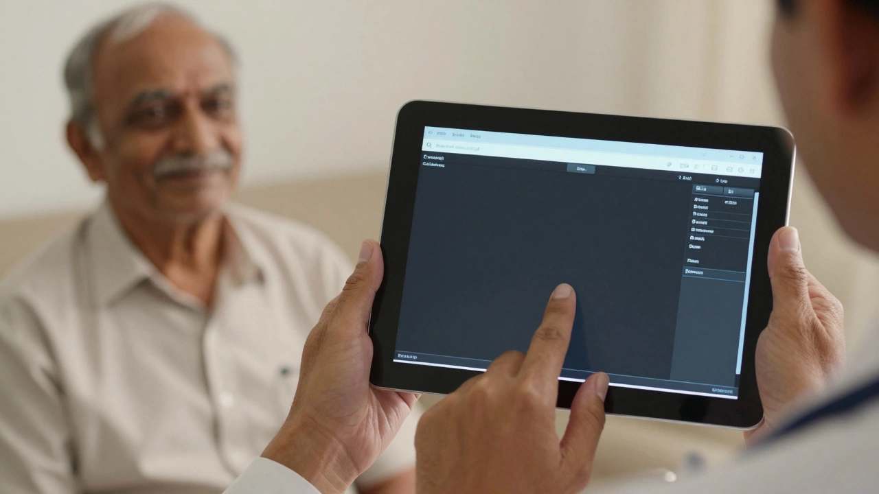 Doctor reviewing scan results with calm patient in background