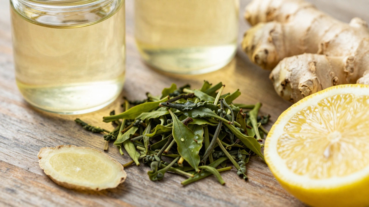 Fresh green tea, vinegar, lemon, and ginger on wooden table