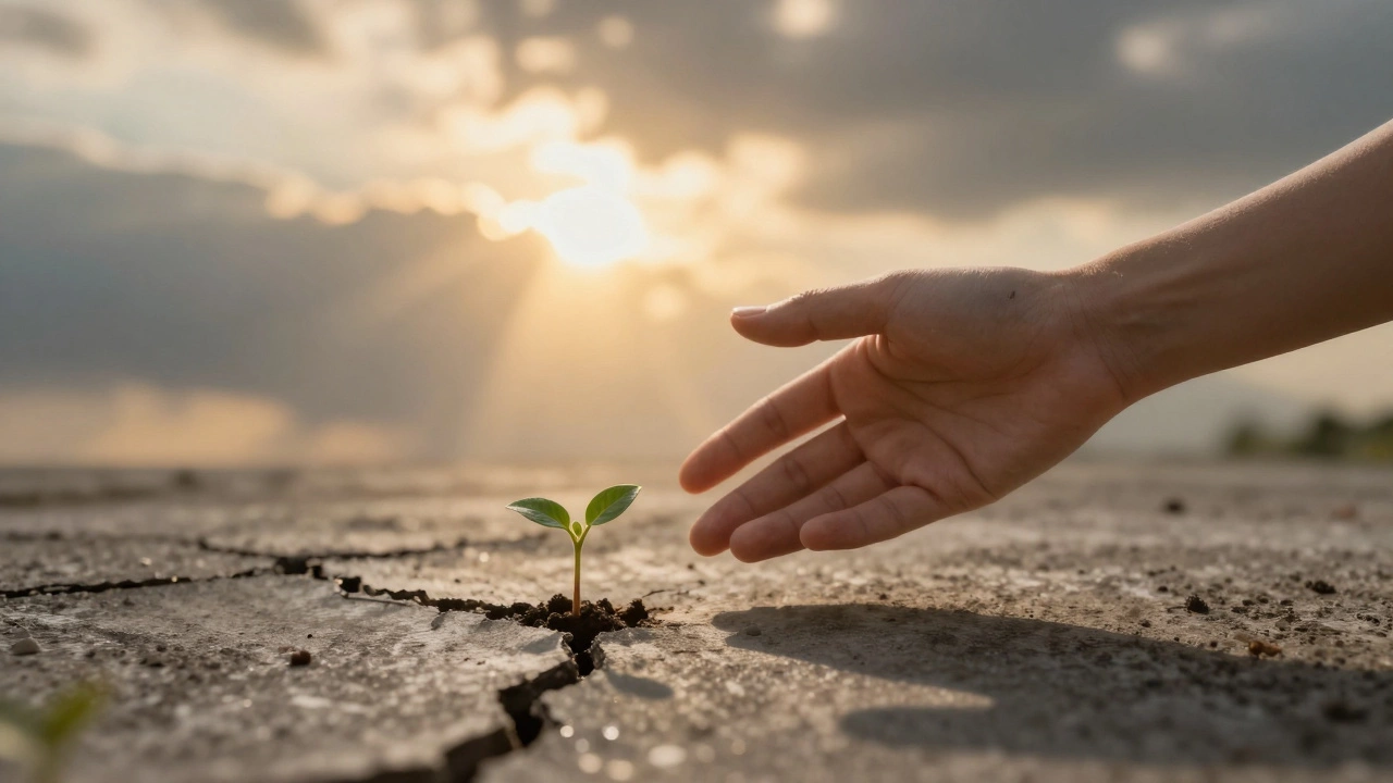 Hand reaching toward golden light with sprouts growing from cracks, symbolizing hope and resilience