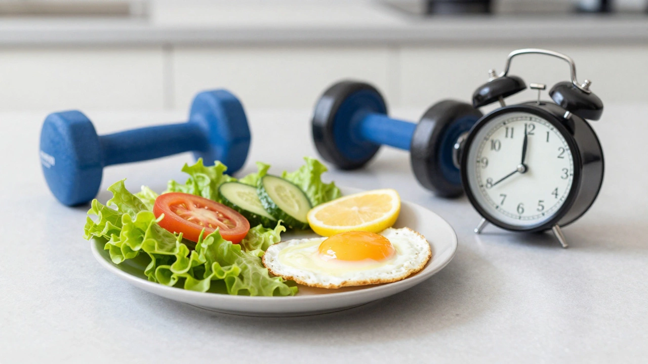 Healthy food, dumbbell, and clock symbolizing weight loss habits
