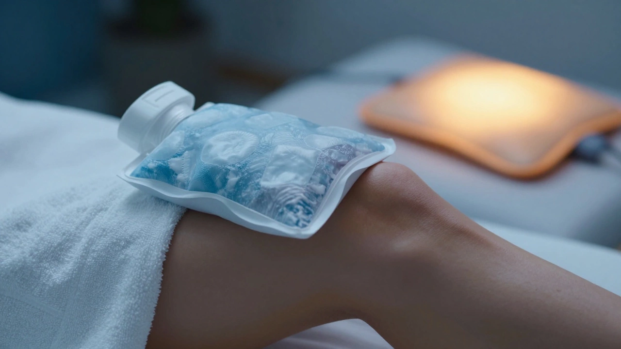Ice pack on knee with heating pad in background for therapy