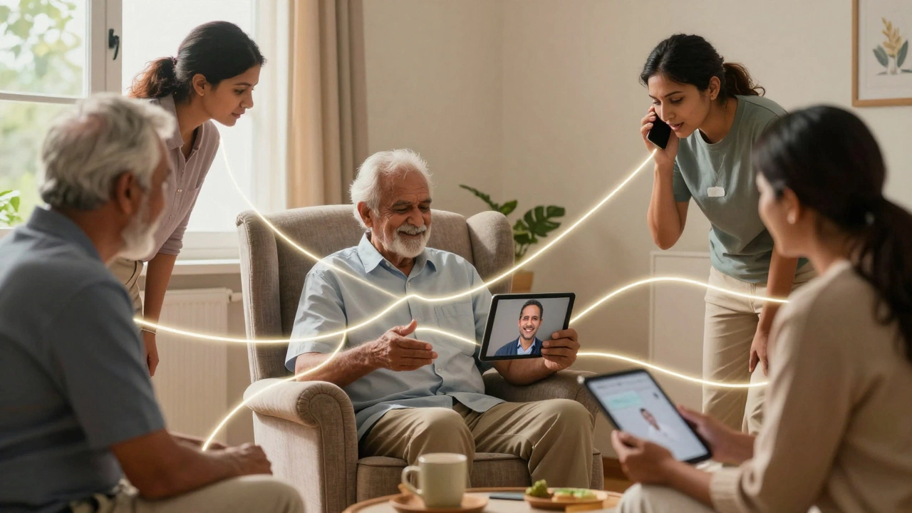 Illustration of patient connected to community via technology for support