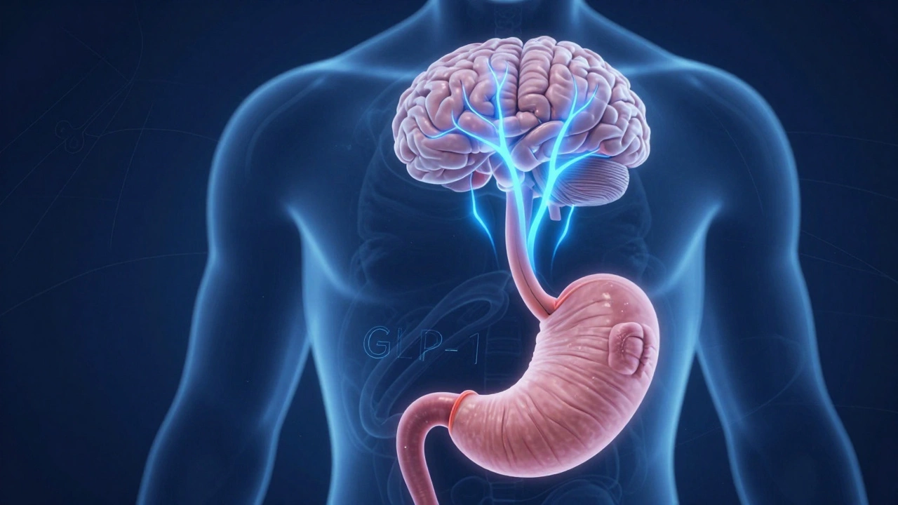 Illustration showing brain and stomach connection with glowing blue satiety signals