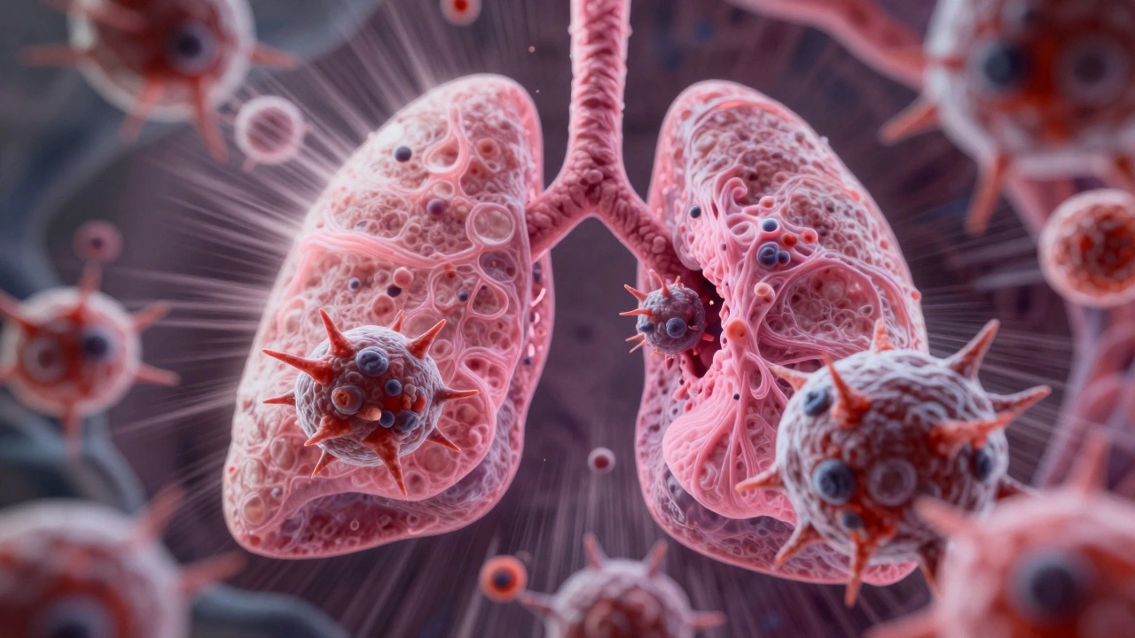 Microscopic view of rapidly spreading small cell lung cancer cells