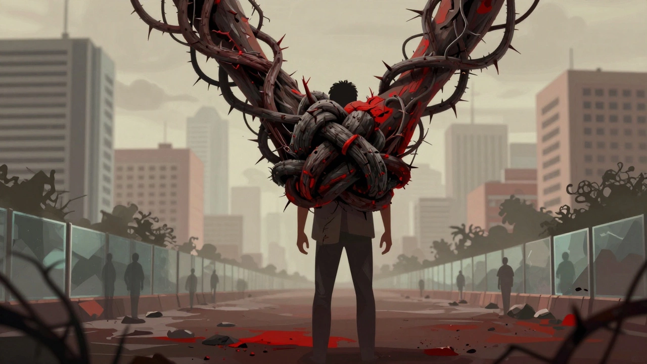 Person holding tangled vines against a blurred Indian city backdrop, symbolizing stigma and complex mental illness