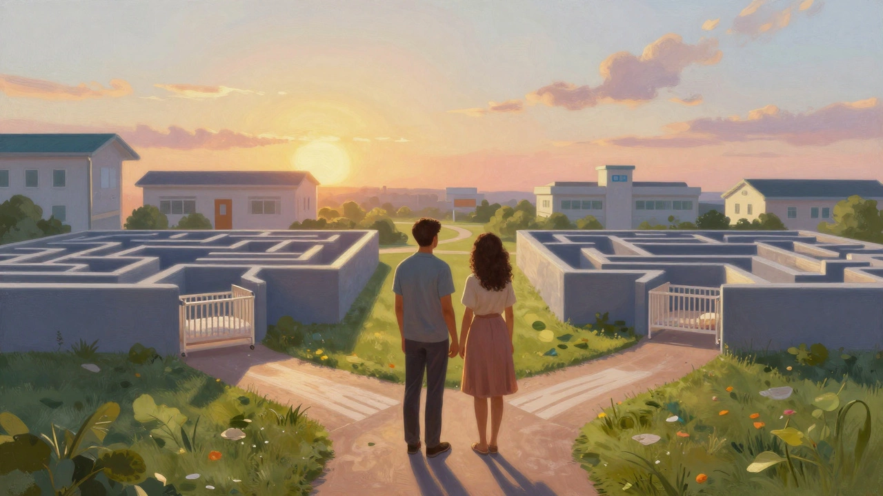Symbolic artwork of a couple choosing between IVF and adoption paths