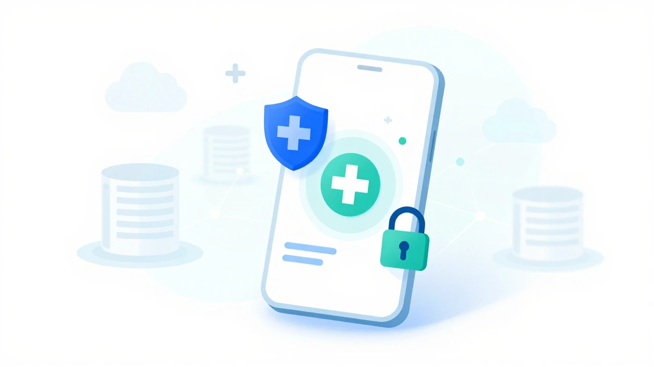 Abstract illustration of secure digital health data and encryption symbols
