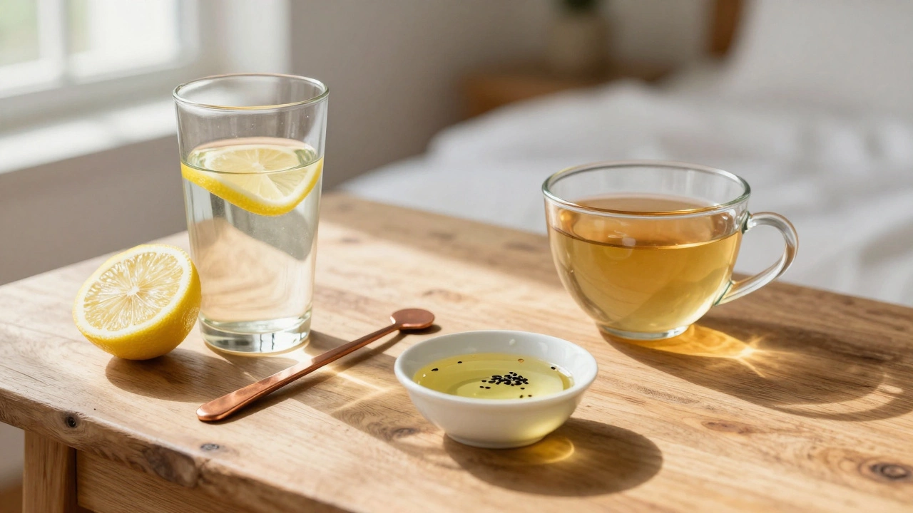 Ayurvedic morning routine items like warm water and tongue scraper