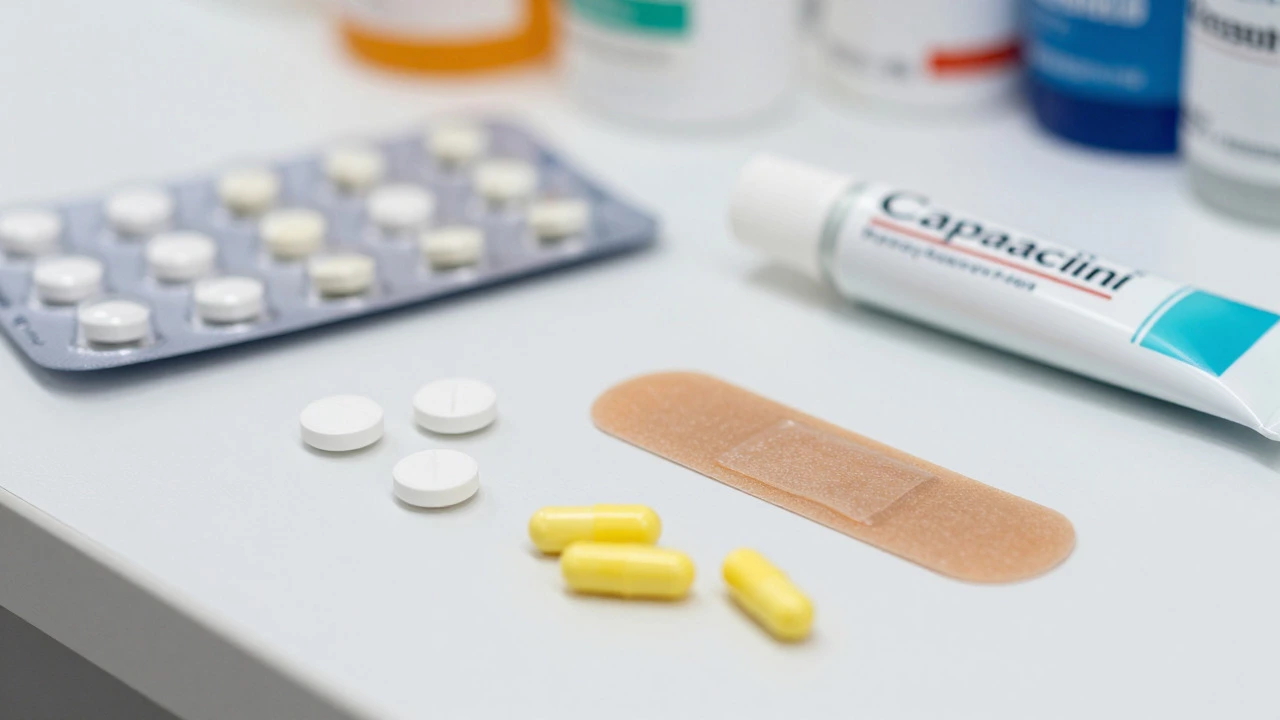 Close-up of various nerve pain medications including pills and patches