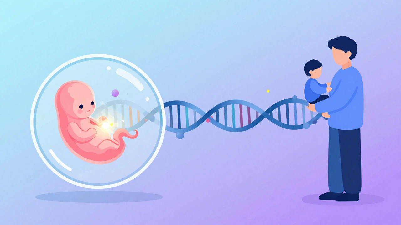 Conceptual art showing DNA helix evolving into a healthy family