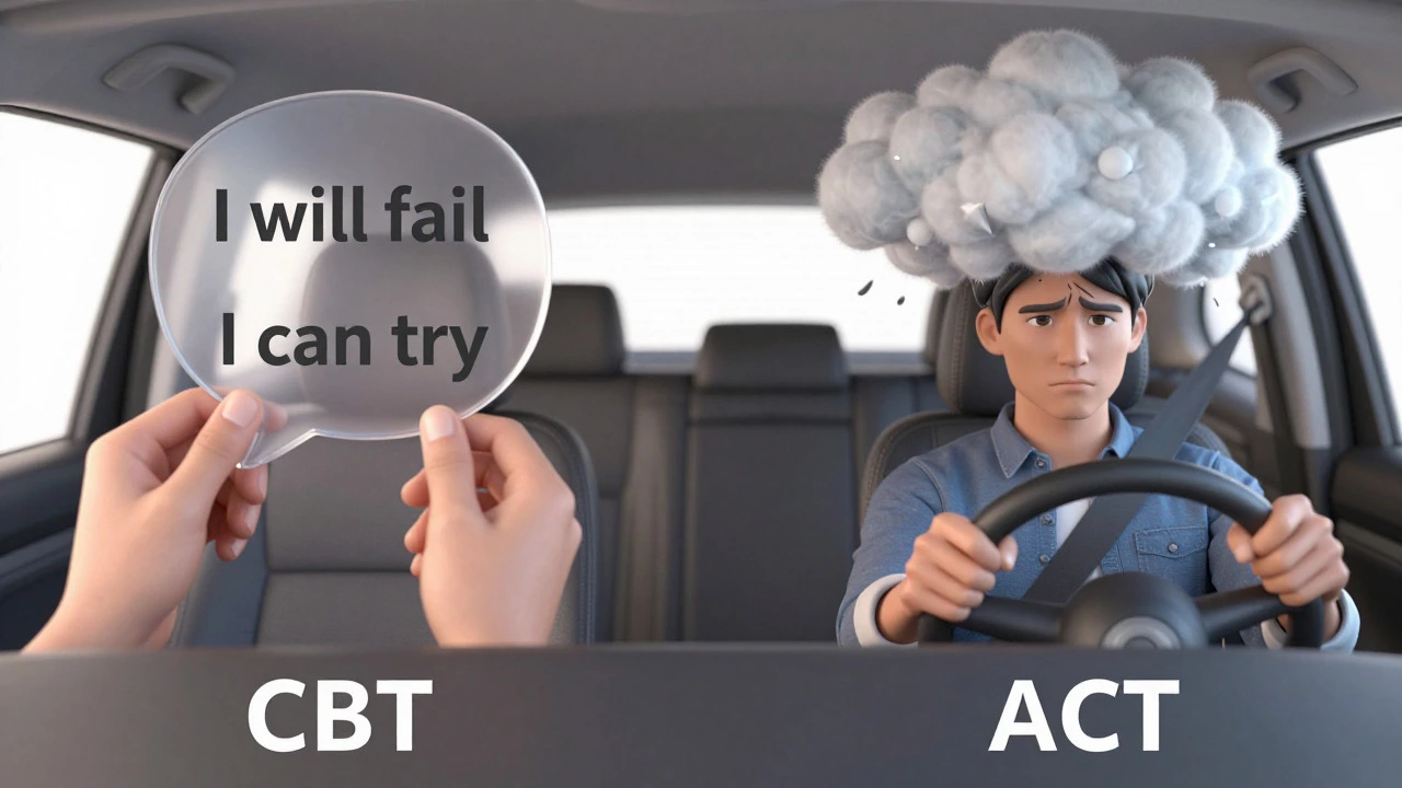 Conceptual illustration contrasting CBT's focus on changing thoughts with ACT's focus on accepting feelings while taking action, using metaphors of thought bubbles and driving.