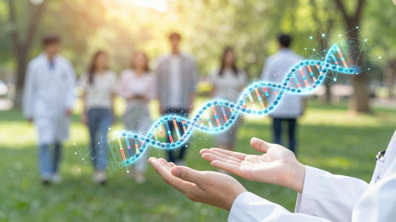 DNA helix merging with AI data streams symbolizing medical hope