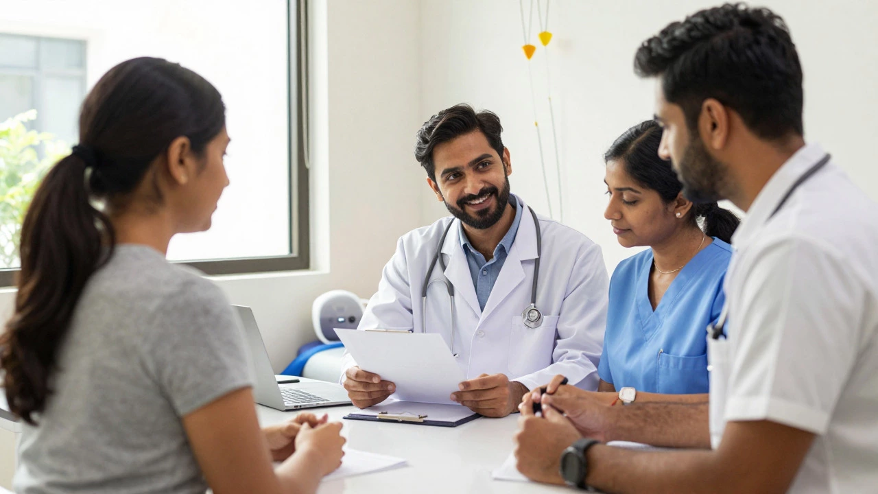Doctors and therapists collaborating in a bright, modern clinic