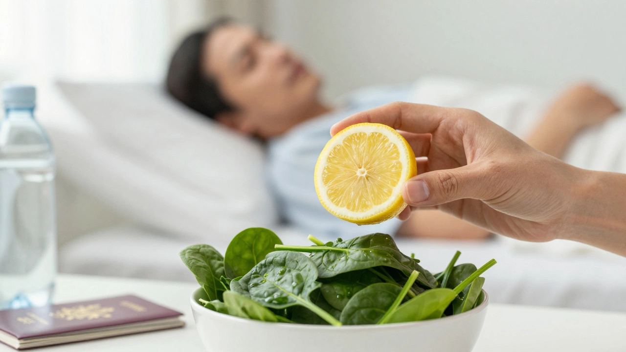 Hand squeezing lemon over spinach symbolizing nutrient synergy