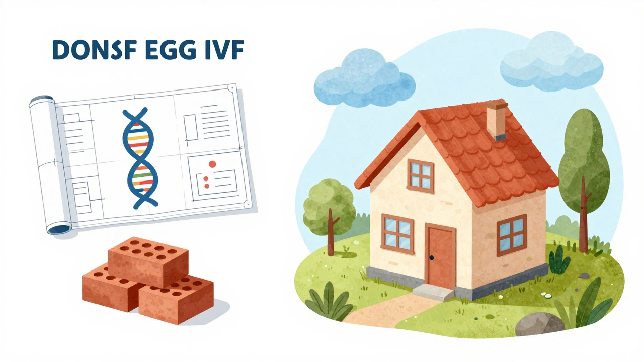 Illustration comparing DNA as bricks and womb as foundation for a house.