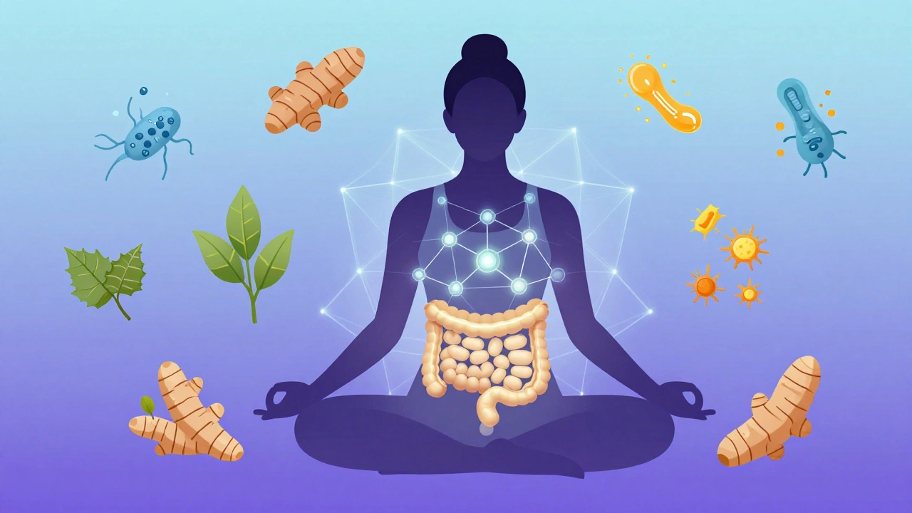 Meditation figure with herbal and scientific symbols