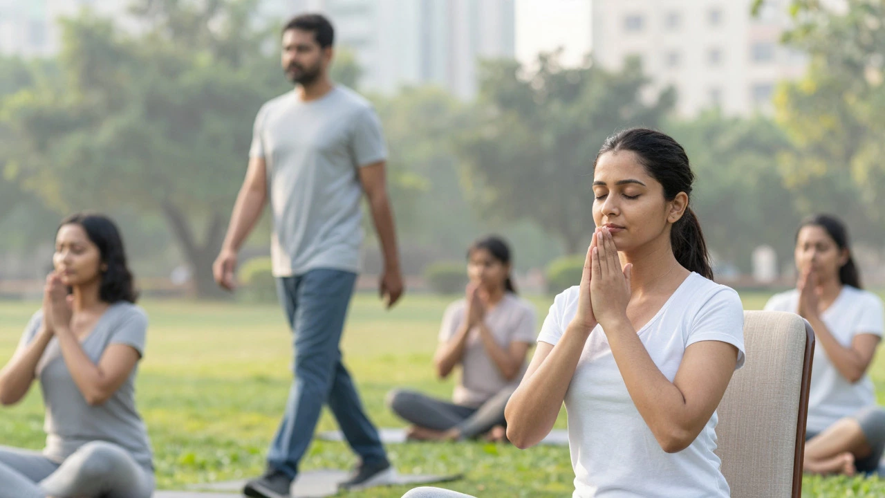 People in India practicing mindfulness and exercise as part of anxiety management, showing calm individuals in a peaceful outdoor setting.