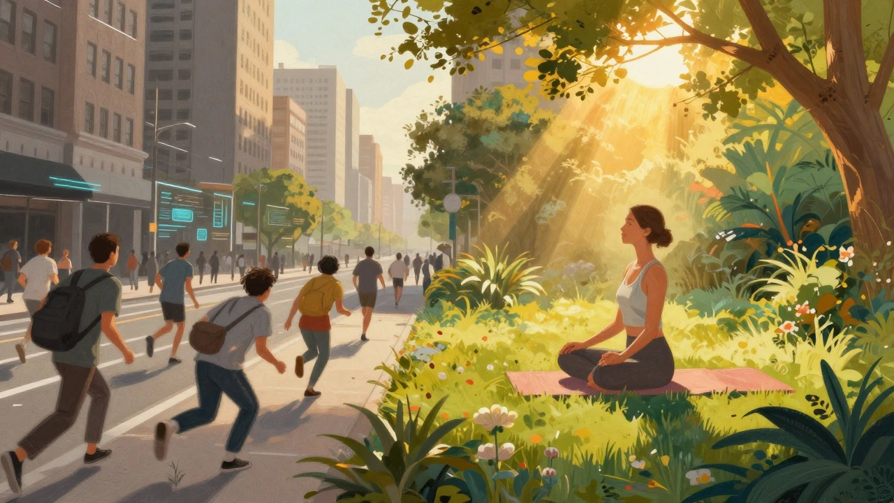 Person doing yoga in sunlight contrasting with busy city life