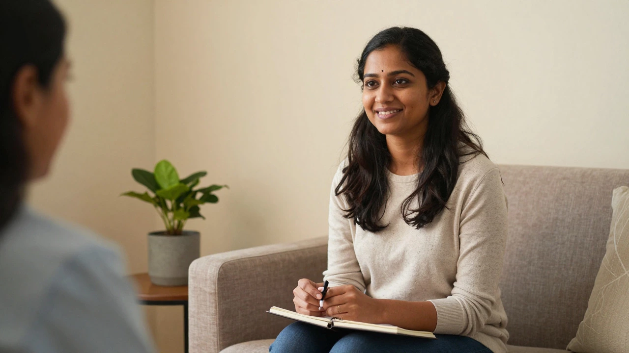 Portrait of a compassionate Indian therapist in a welcoming office, emphasizing the importance of trust and connection in therapy.