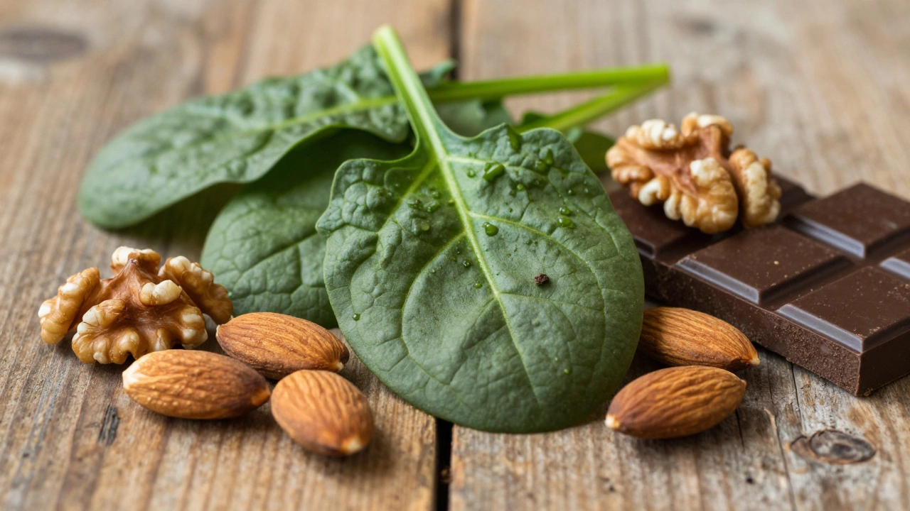 Spinach, nuts, and chocolate representing minerals